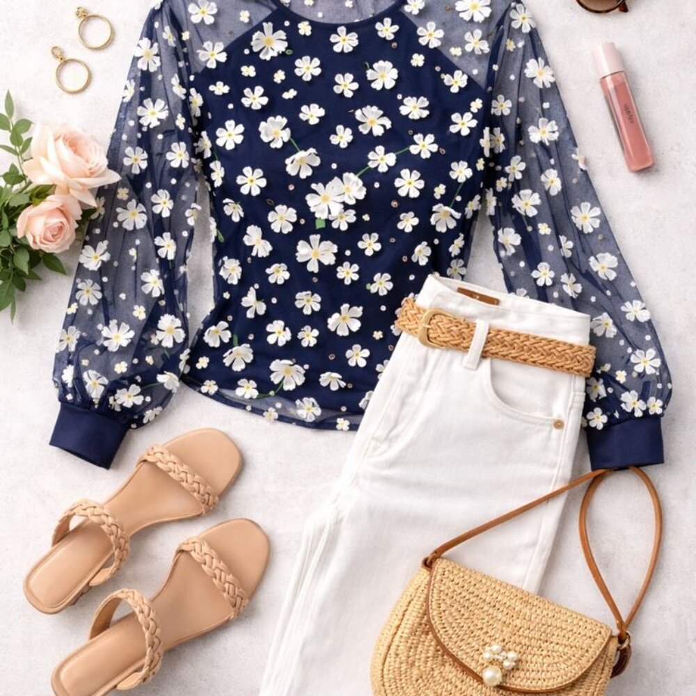Eva Franco Sasha Toulouse Petal Daisy Sheer Blouse Navy XS NWT - Picture 2 of 5